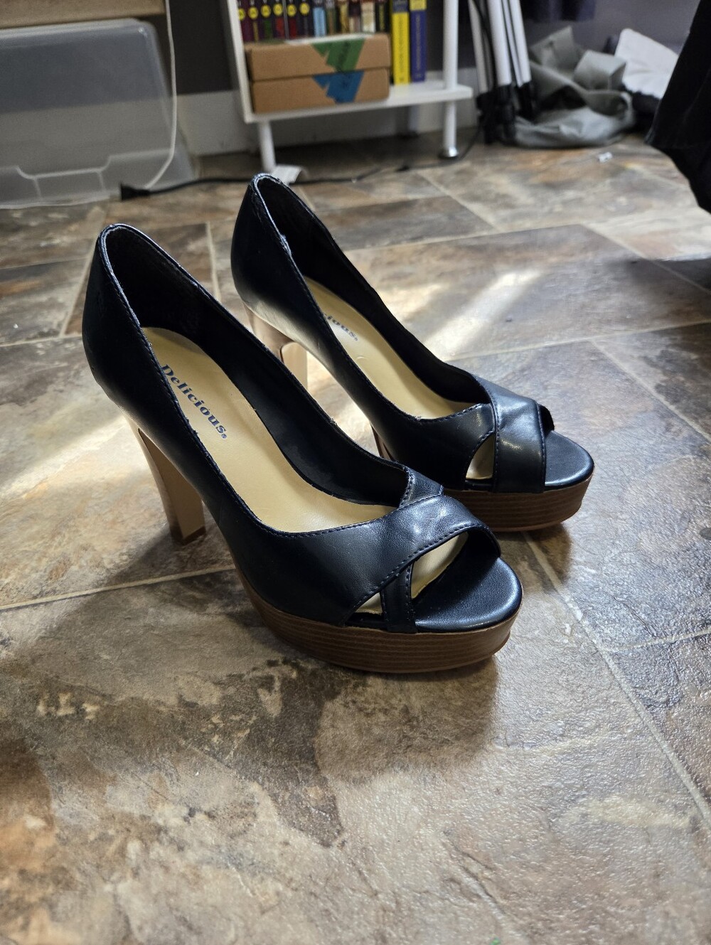 Delicious Black Peep-Toe Platform Heels - Women